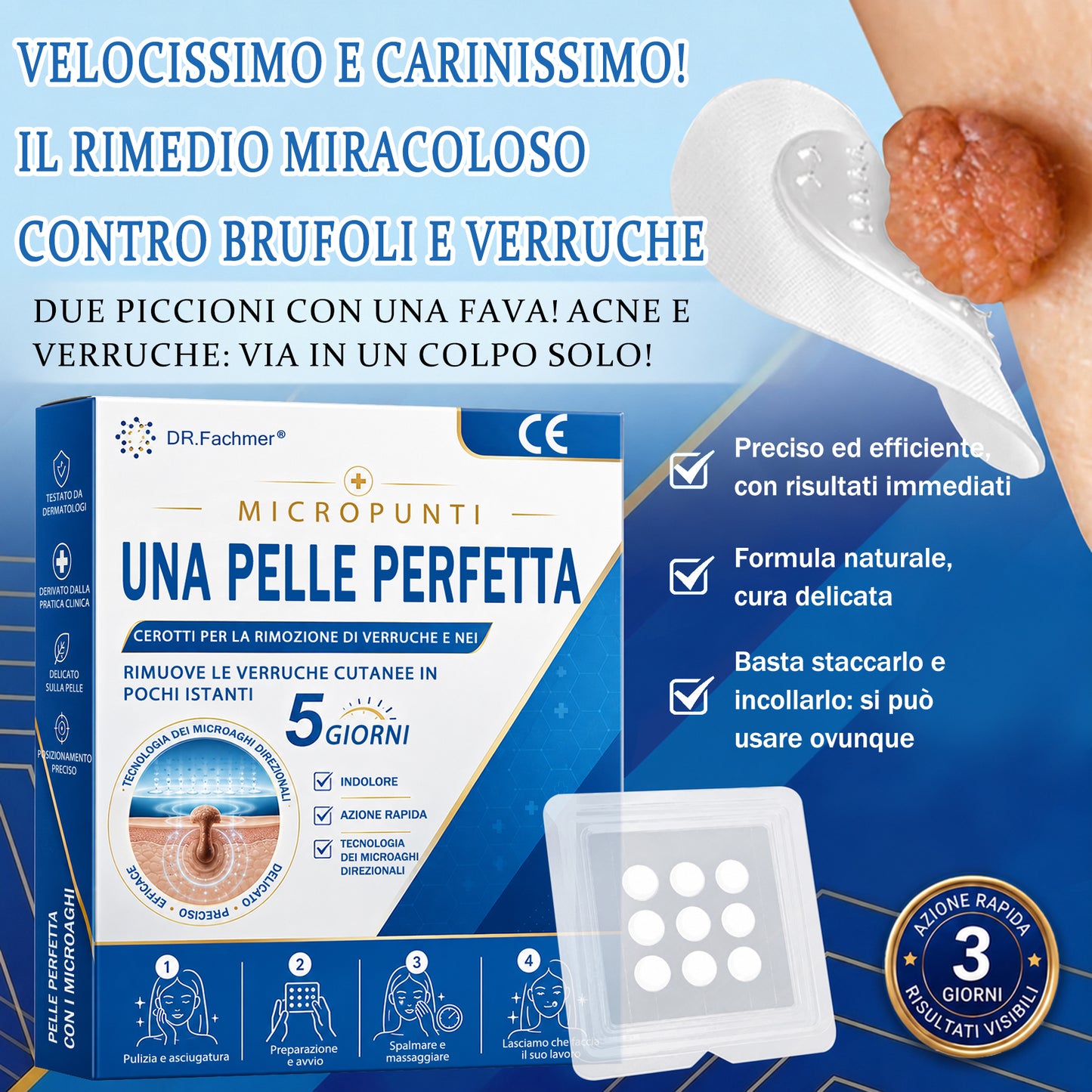 ✅ DR.Fachmen® Cerotto 2-in-1 con Microaghi e Idrocolloide | Per Brufoli, Verruche Piane ed Escrescenze Cutanee | Aiuta a Ridurre Rughe, Cicatrici e Imperfezioni | Invisibile su Viso e Corpo