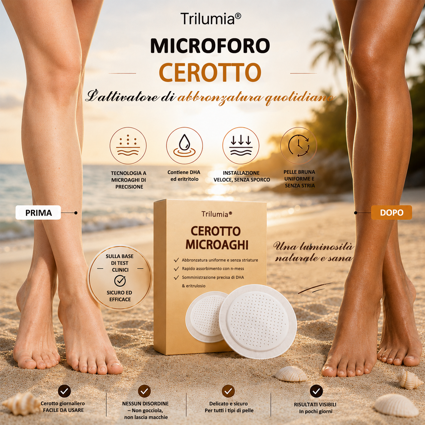 🤎 Fino all’85% di sconto sul Cerotto Abbronzante SunFree Trilumia® Bronzo dorato senza raggi UV ✨ Glow naturale fino a 14 giorni