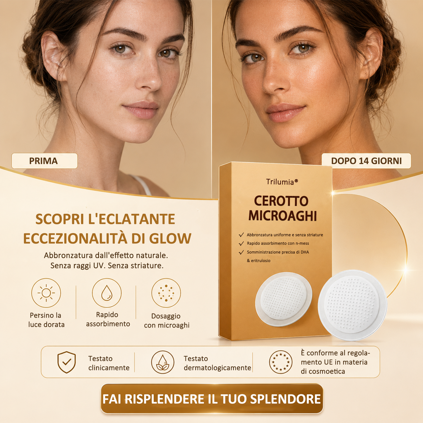 🤎 Fino all’85% di sconto sul Cerotto Abbronzante SunFree Trilumia® Bronzo dorato senza raggi UV ✨ Glow naturale fino a 14 giorni